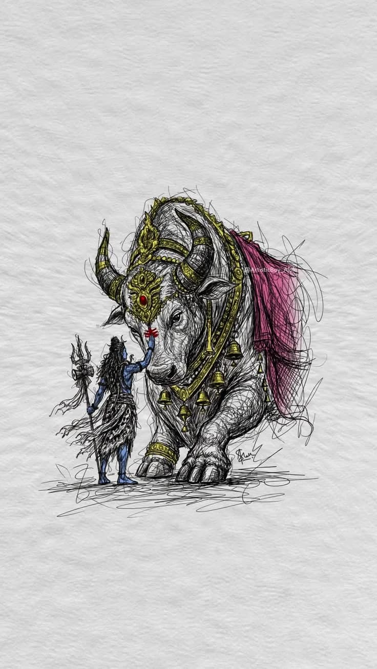 Lord Shiva and Nandi – Eternal Devotion Sketch Art Poster