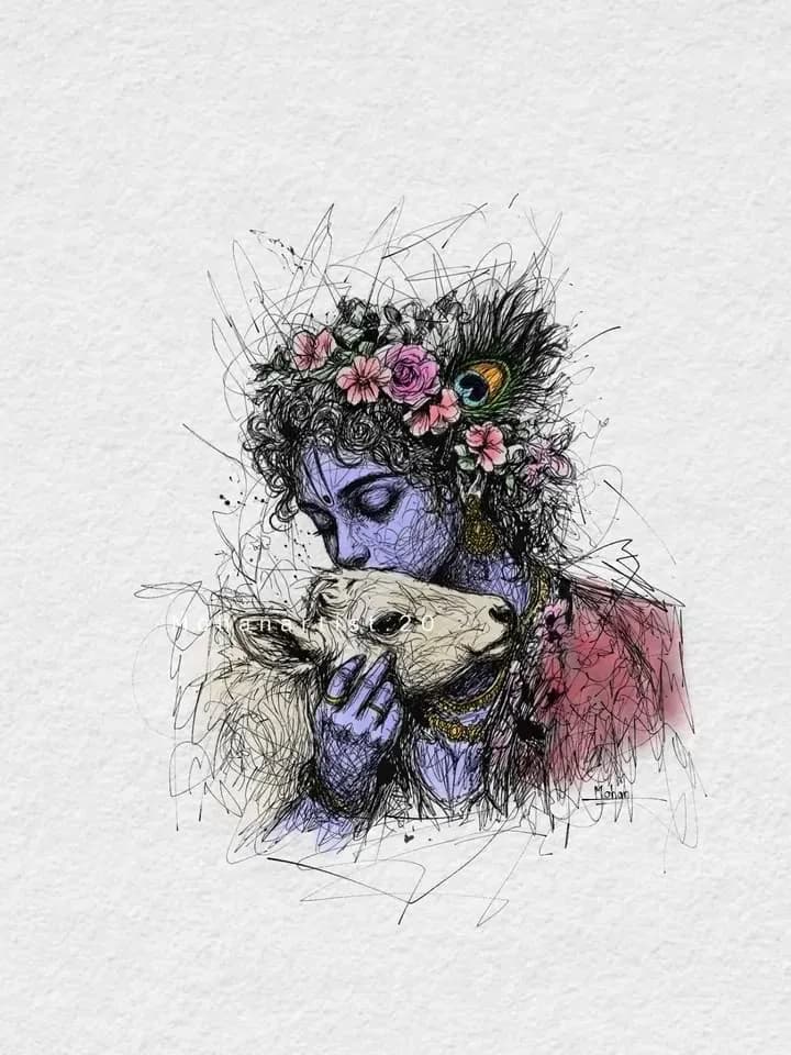 Lord Krishna with Calf – Divine Love Sketch Art Poster